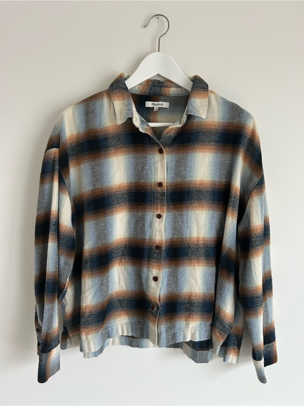 Madewell Women's Plaid Flannel Collared Button-Up Cropped Shirt Size L